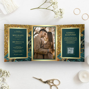 Invitation Trois Volets Mariage Code QR Photo Marbre Sarcelle Or