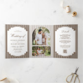 Invitation Trois Volets Mariage Code QR Photo Rayé Brun Chocolat (Intérieur)