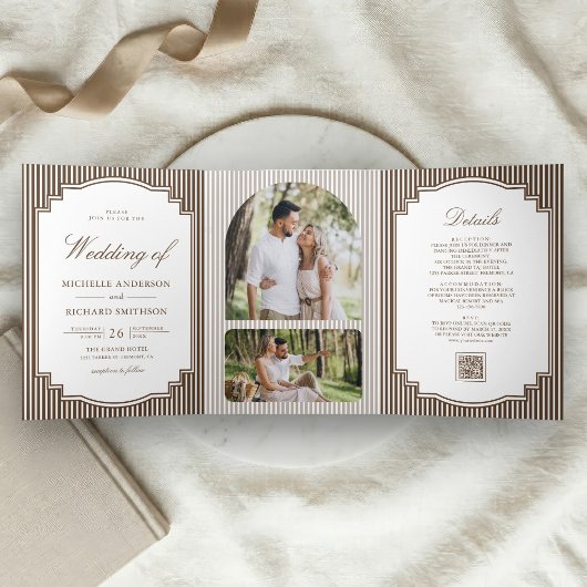 Invitation Trois Volets Mariage Code QR Photo Rayé Brun Chocolat