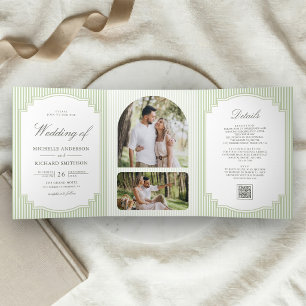 Invitation Trois Volets Mariage Code QR Photo Rayé Vert Sauge Classique