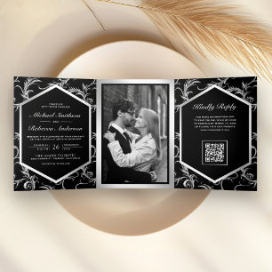 Invitation Trois Volets Mariage Code QR Photo Tourbillon Florissant Argent