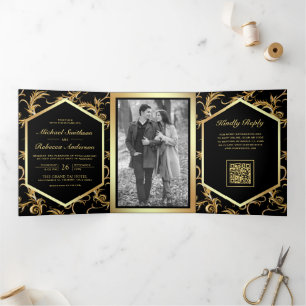 Invitation Trois Volets Mariage Code QR Photo Tourbillon Flourissant Farin