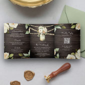 Invitation Trois Volets Mariage Code QR Pot Mason Roses Blanches Bois Rust