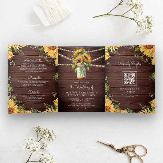 Invitation Trois Volets Mariage Code QR Pot Mason Tournesols Bois Rustique