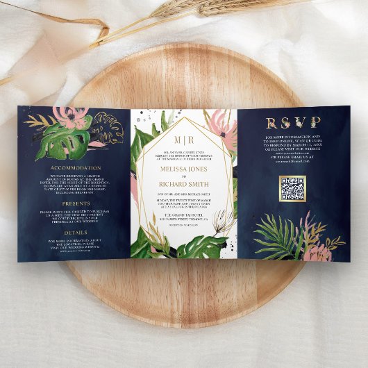 Invitation Trois Volets Mariage Code QR Rose Floral Or Tropical