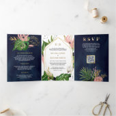 Invitation Trois Volets Mariage Code QR Rose Floral Or Tropical (Intérieur)
