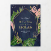 Invitation Trois Volets Mariage Code QR Rose Floral Or Tropical (Page de couverture)