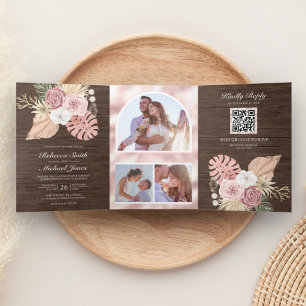 Invitation Trois Volets Mariage Code QR Roses Rose Poussiéreux Bois Rustiq