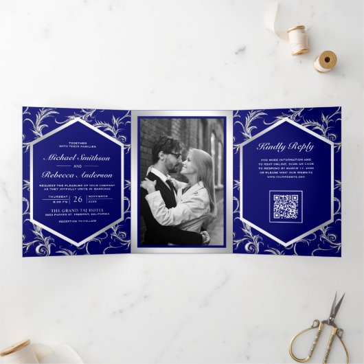 Invitation Trois Volets Mariage Code QR Tourbillon Argent Bleu Royal (Intérieur)
