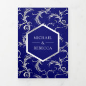 Invitation Trois Volets Mariage Code QR Tourbillon Argent Bleu Royal (Page de couverture)