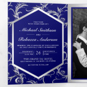 Invitation Trois Volets Mariage Code QR Tourbillon Argent Bleu Royal (Intérieur en premier)