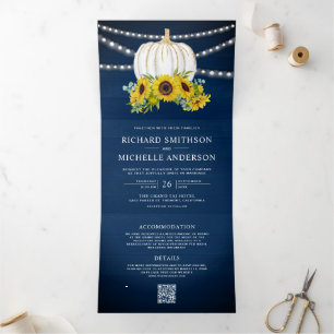 Invitation Trois Volets Mariage Code QR Tournesols Bleu Nuit Citrouille Bl