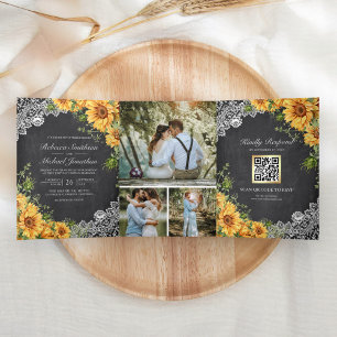 Invitation Trois Volets Mariage Code QR Tournesols Dentelle Tableau Noir R