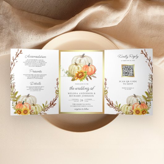 Invitation Trois Volets Mariage Code QR Tournesols Rustiques Citrouille