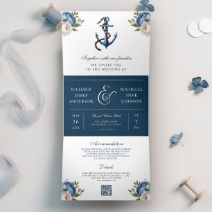 Invitation Trois Volets Mariage code QR tout-en-un à l'ancre florale bleu
