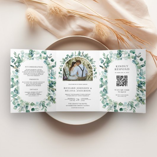 Invitation Trois Volets Mariage Code QR Tout en Un Eucalyptus Rustique