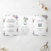 Invitation Trois Volets Mariage Code QR Tout en Un Pot Mason Fleur Sauvage (Intérieur)