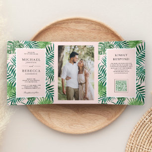 Invitation Trois Volets Mariage Code QR Tropical aux Feuilles de Palmier R