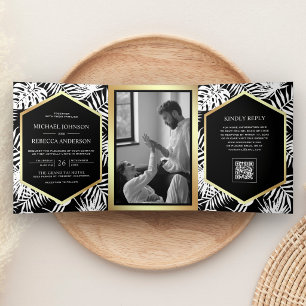 Invitation Trois Volets Mariage Code QR Tropical Palmier Or Blanc