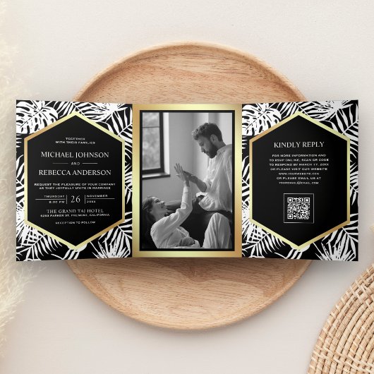 Invitation Trois Volets Mariage Code QR Tropical Palmier Or Blanc