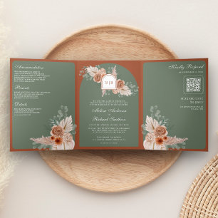 Invitation Trois Volets Mariage Code QR Vert Sage Floral Terracotta