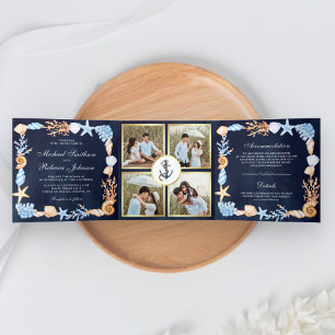Invitation Trois Volets Mariage Collage de Photos de Coquillages Marins Bl