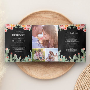 Invitation Trois Volets Mariage Collage de Photos Florales de Cactus Fiest