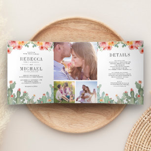 Invitation Trois Volets Mariage Collage de Photos Florales de Cactus Fiest