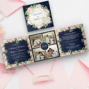 Invitation Trois Volets Mariage Collage de Photos Roses Rose Foncé Bleu Ma