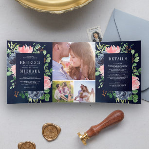 Invitation Trois Volets Mariage Collage Photo Bleu Marine Fleurs Rose Roug