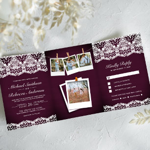 Invitation Trois Volets Mariage Collage Photo de Dentelle de Bois de Pruni