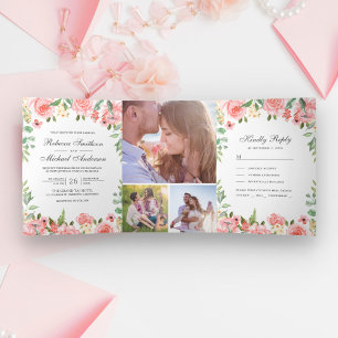 Invitation Trois Volets Mariage Collage Photo de Jardin Floral Rose Blush