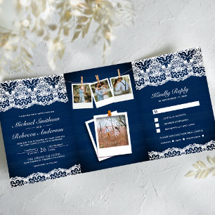 Invitation Trois Volets Mariage Collage Photo en Bois de Style Campagnard