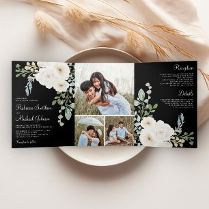 Invitation Trois Volets Mariage Collage Photo Fleurs Noir Ivoire