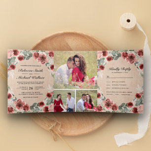 Invitation Trois Volets Mariage Collage Photo Floral Marsala Burlap Rustiq