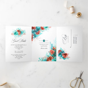 Invitation Trois Volets Mariage Corail Vivant et Sarcelle
