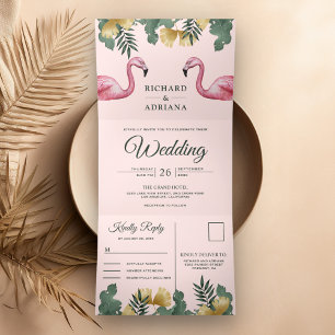 Invitation Trois Volets Mariage Couple de Flamants Roses Tropical Palm