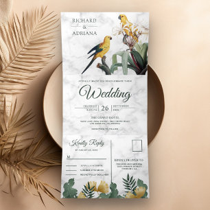 Invitation Trois Volets Mariage Couple de Perroquets Jaunes sur Marbre Bla
