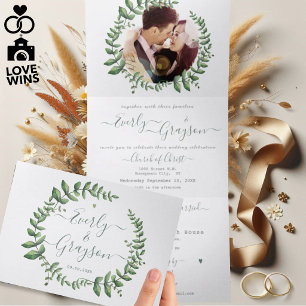 Invitation Trois Volets Mariage Couronne de Feuilles d'Olivier Vert Boho