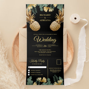 Invitation Trois Volets Mariage d'ananas Tropical Palm Black Gold