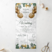 Invitation Trois Volets Mariage d'ananas Tropical Palm Marbre blanc Gold (Intérieur)