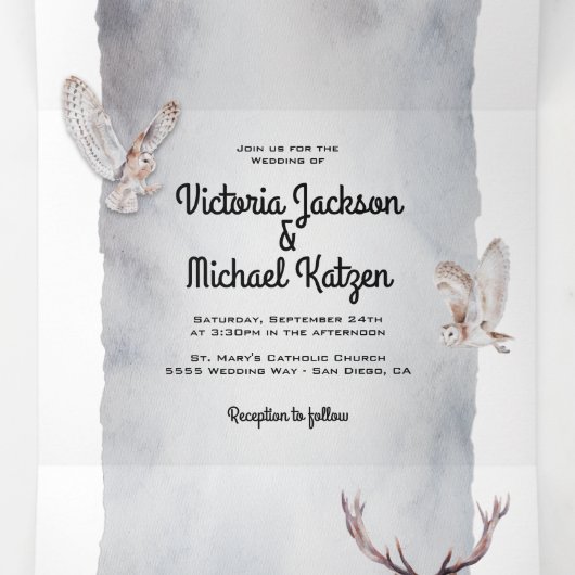 Invitation Trois Volets Mariage dans une forêt de bois frais (Intérieur au milieu)