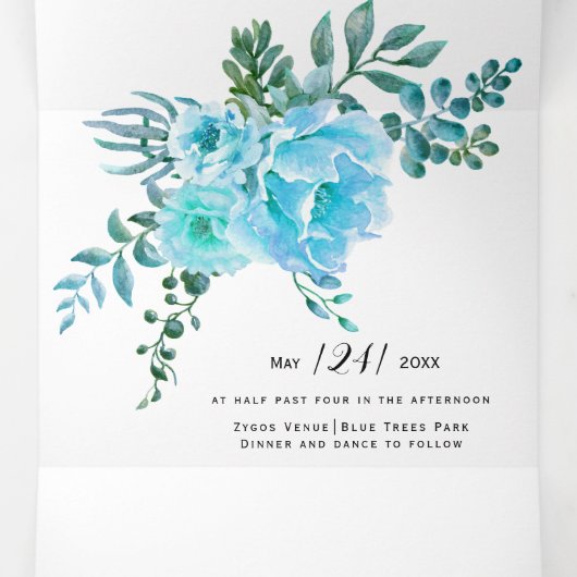 Invitation Trois Volets Mariage d'aquarelle bleu cactus fleurs (Intérieur au milieu)