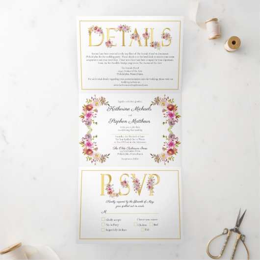 Invitation Trois Volets Mariage d'aquarelle brillant Blooms (Intérieur)