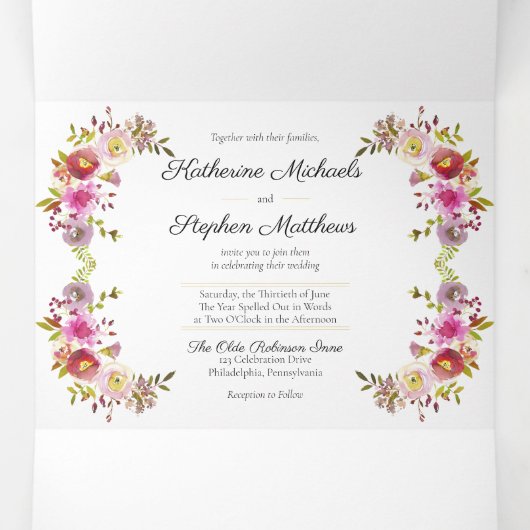 Invitation Trois Volets Mariage d'aquarelle brillant Blooms (Intérieur au milieu)