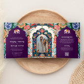 Invitation Trois Volets Mariage d'aubergine flamboyante Art populaire indi