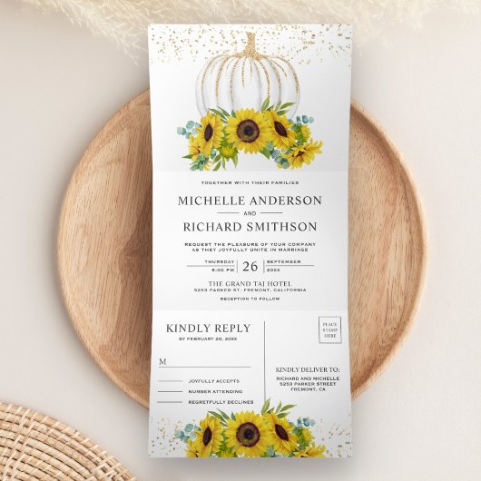 Invitation Trois Volets Mariage de automne Citrouille blanc des tournesols