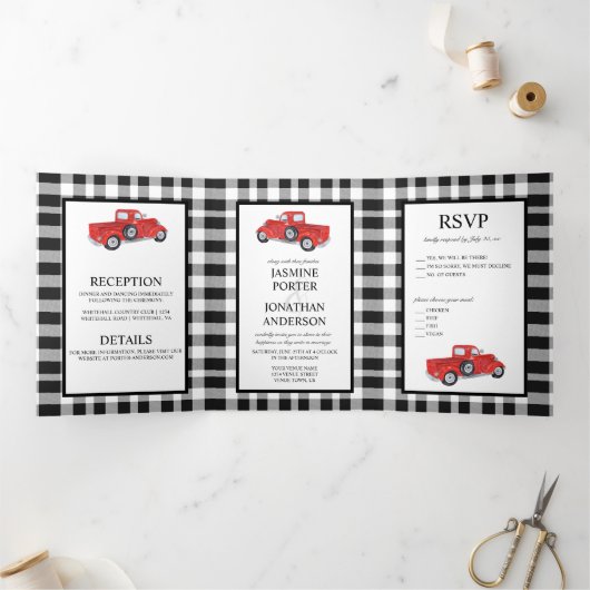 Invitation Trois Volets Mariage de camion rouge à Buffalo noir et blanc (Intérieur)