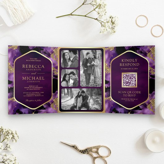 Invitation Trois Volets Mariage de code QR Abstrait Purple Gold