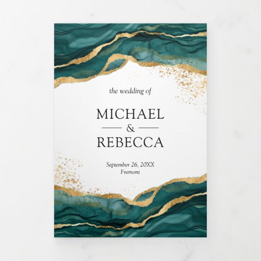 Invitation Trois Volets Mariage de code QR Abstrait turquoise Gold (Page de couverture)